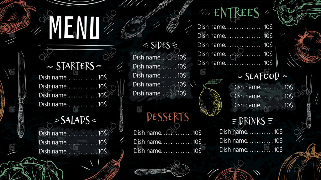 منوی رستوران کلاسیک: طرح دستی غذا و پوستر آشپزخانه