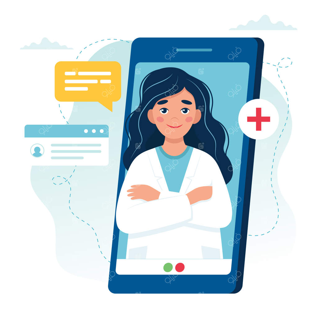 نوبت‌دهی آنلاین دکتر؛ پزشک خانم روی صفحه‌نمایش گوشی هوشمند.