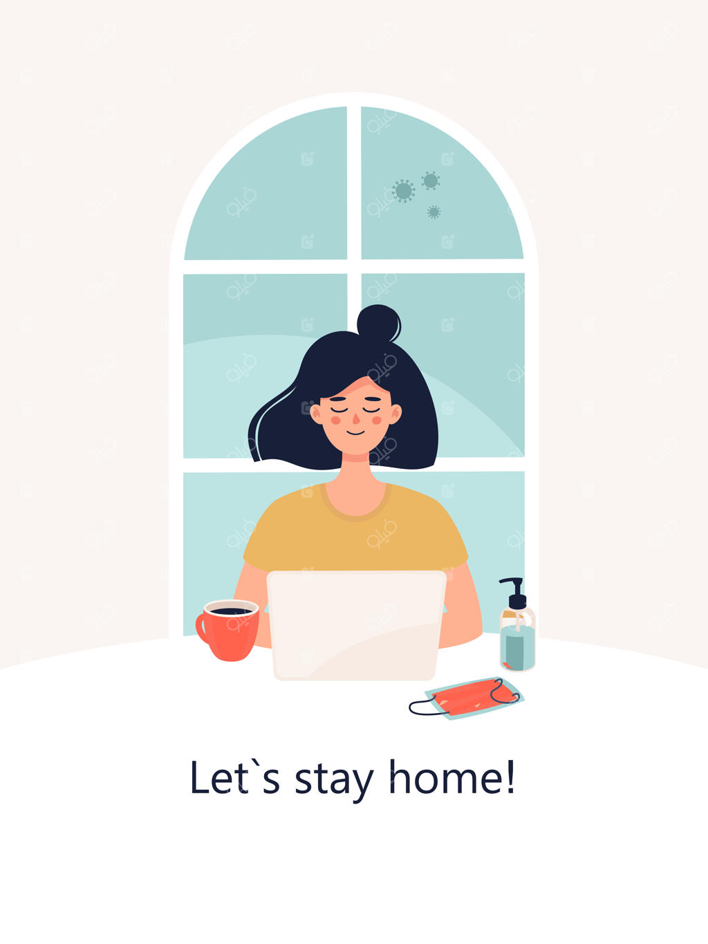 زنی در خانه با لپ‌تاپ کار می‌کند و متن "بیا خونه بمونیم" نوشته شده است.