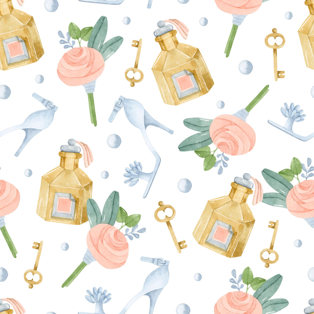 پترن بدون درز آبرنگی شیشه عطر، کفش عروس و گل یقه رز