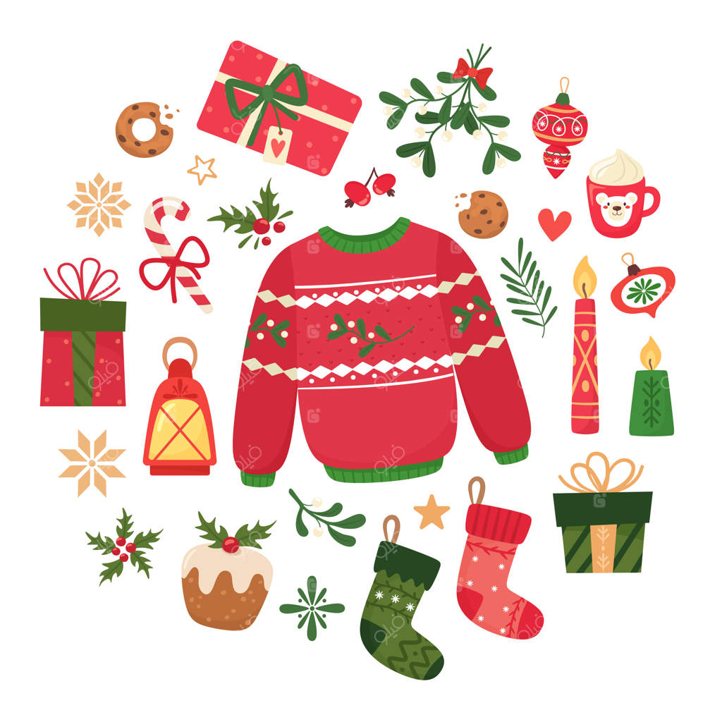 مجموعه‌ای از آیکون‌های تعطیلات: ژاکت، شمع‌ها، توپ‌های کریسمس، نان‌زنجبیلی، فانوس، شاخه‌ها، کاپ‌کیک‌ها، گیاه دارواش، هدایا، جوراب‌های کریسمس، ماگ. مجموعه‌ای برای اسکرپ‌بوکینگ.