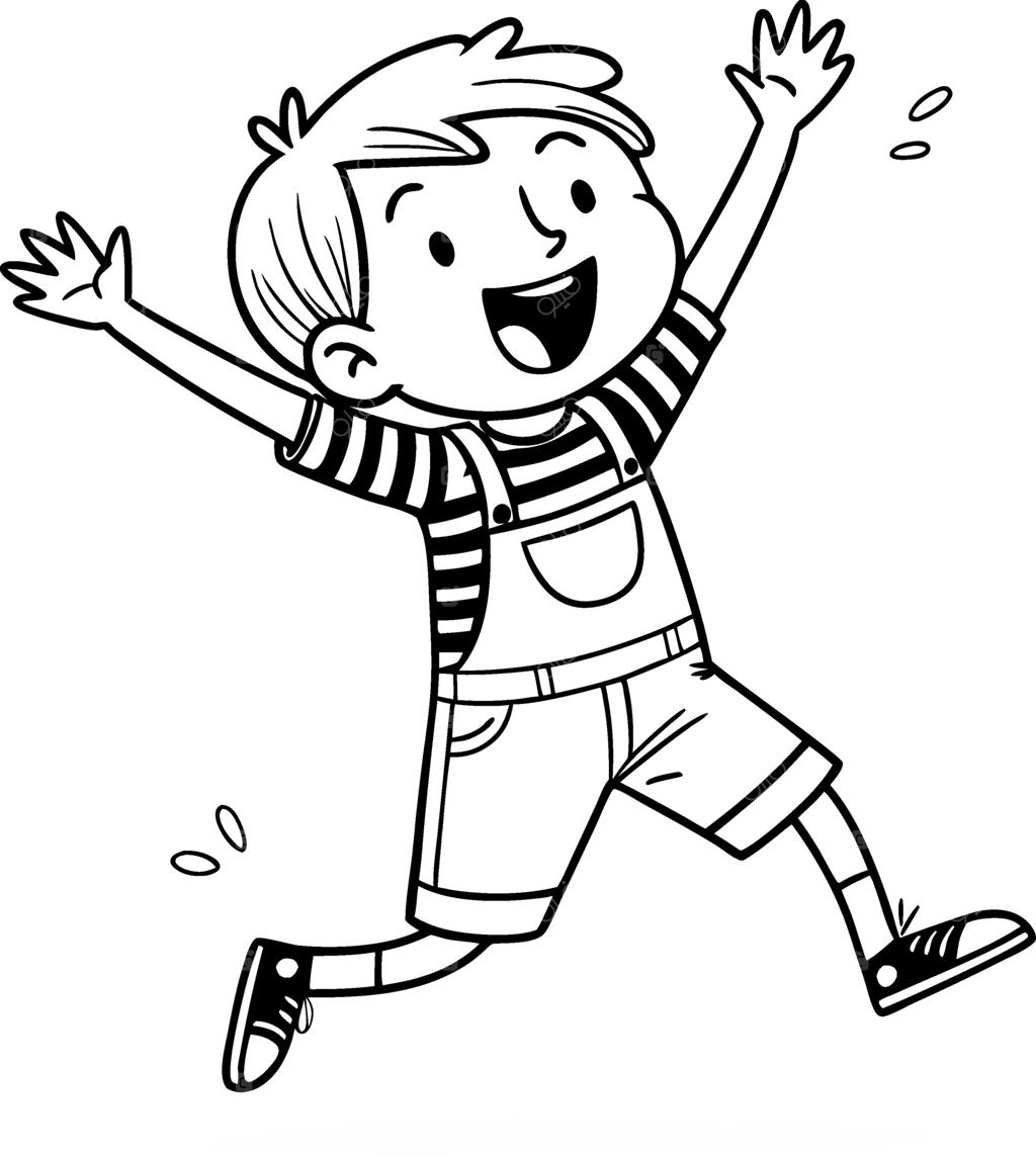 پسربچه شاد در حال پریدن با ژست بازیگوشانه برای کتاب رنگ‌آمیزی کودکان یا تصویرسازی‌های سرگرم‌کننده