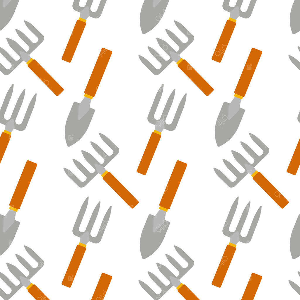 طرح ابزار باغبانی با بیلچه و چنگک در طراحی شاد و رنگارنگ