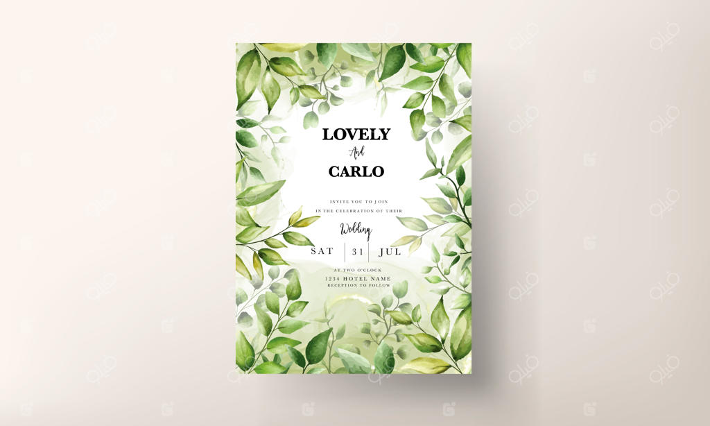 کارت دعوت عروسی شیک با برگ‌های آبرنگی زیبا