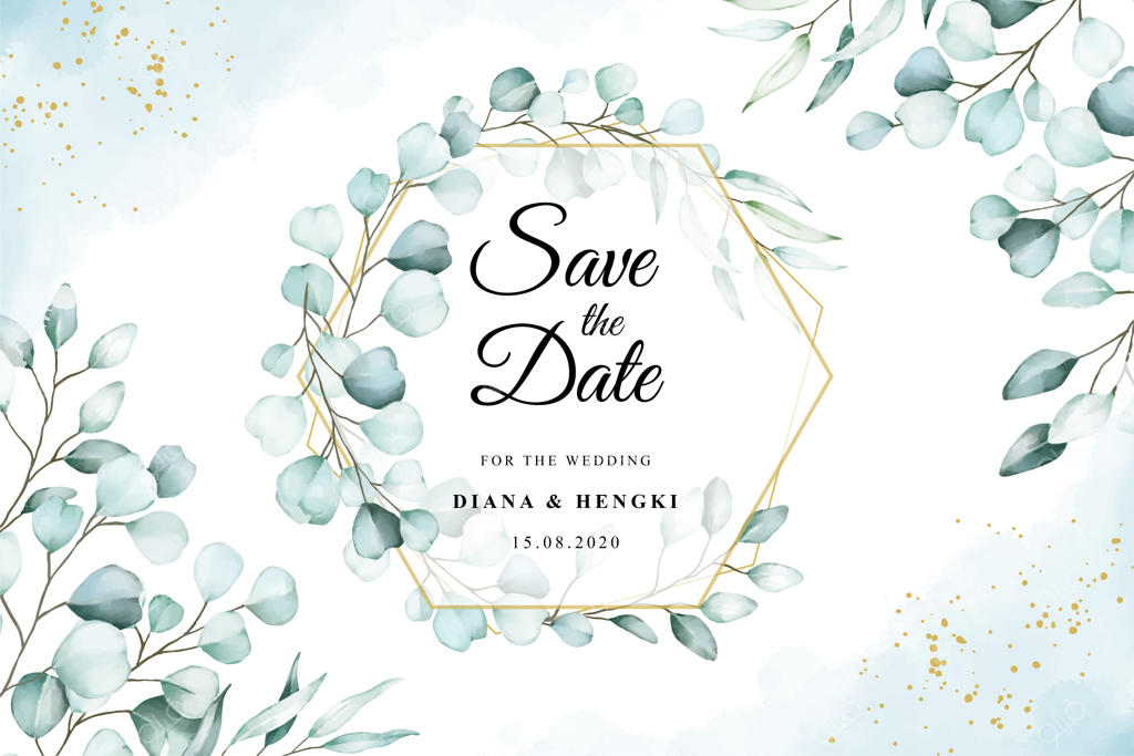 آبرنگی روی قالب کارت عروسی با طرح اکالیپتوس ملایم