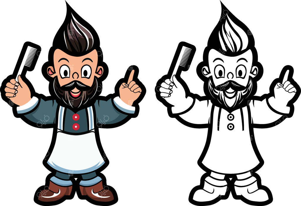 شخصیت کارتونی آرایشگر حرفه‌ای، تصویر وکتور آرایشگر شاد با شانه، لوگوی سالن آرایشگاه، قالب لوگو برای کسب‌وکار سالن، وکتور استوک