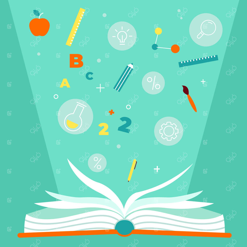 کتاب آموزشی: کتاب درسی باز با لوازم تحریر، فرمول‌ها و شماره‌ها - نمادی از دانش و ادبیات در کتابخانه، دایره‌المعارفی با صفحات سفید و کتاب‌های قرمز، مفهوم جدا شده وکتور