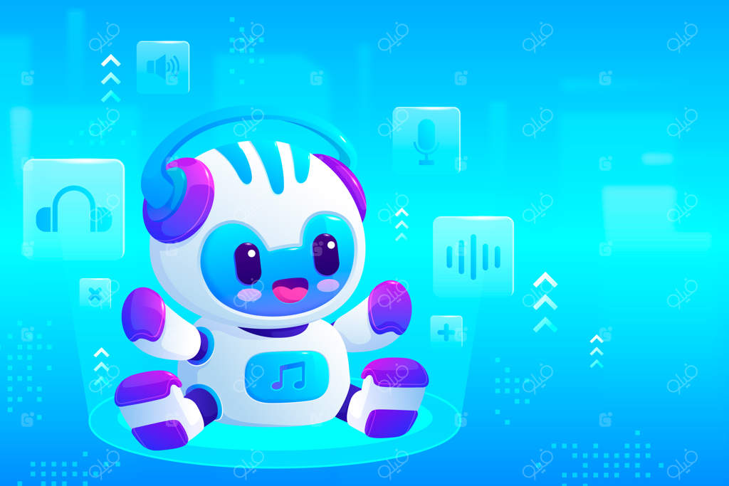 ربات بانمکی که در طراحی آینده‌نگر با هدفون به موسیقی گوش می‌دهد