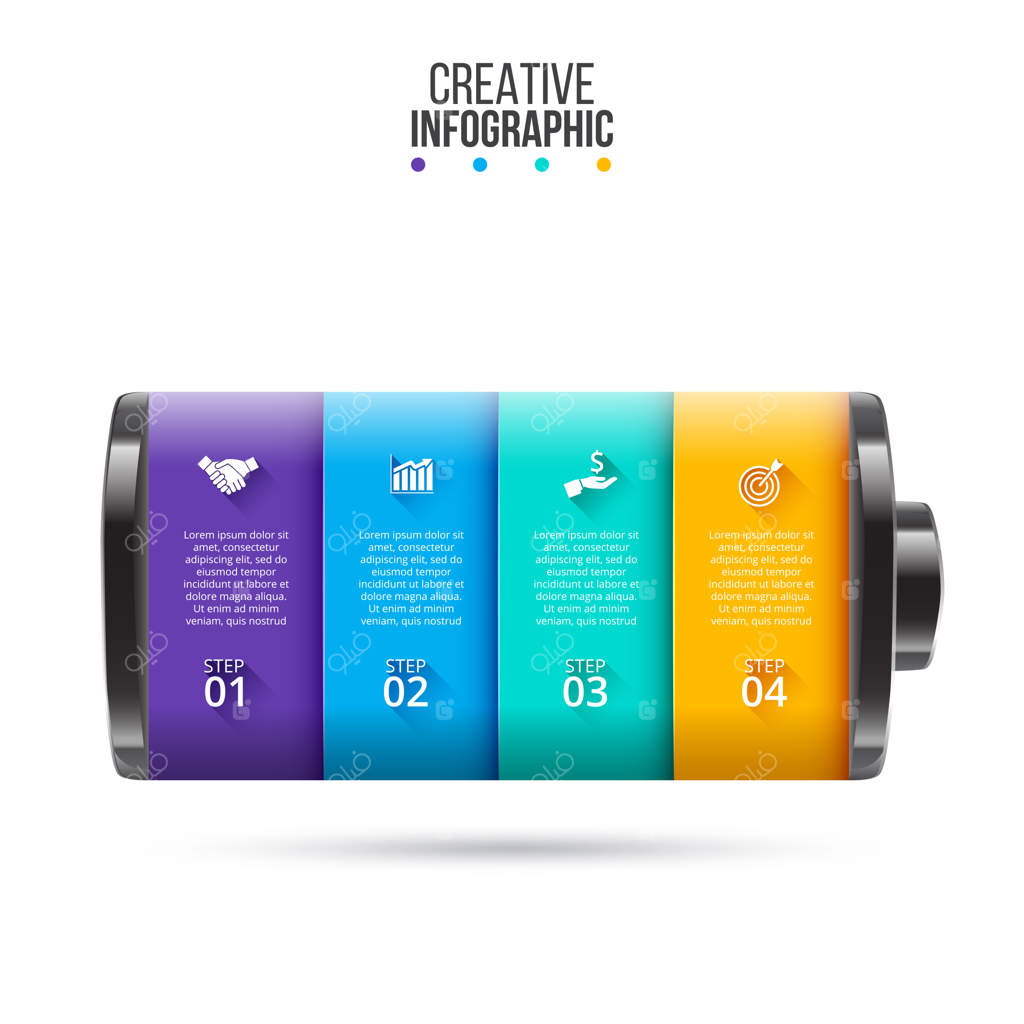 عنصر باتری برداری برای اینفوگرافیک: مفهوم کسب‌وکار با ۴ گزینه، بخش، مرحله یا فرآیند.