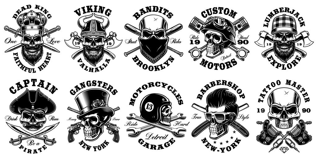 مجموعه جمجمه‌های وینتیج و متنوع با پس‌زمینه سفید