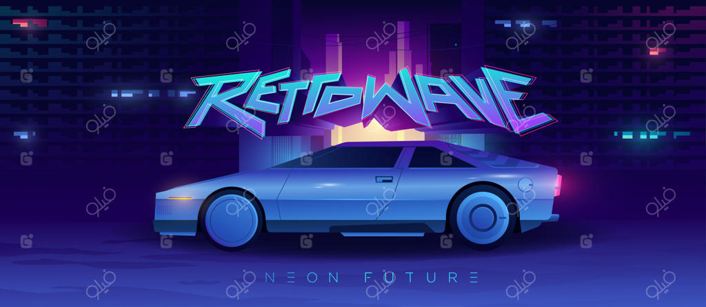 تصویرسازی با سبک سایبرپانک و رتروویو: ایده‌ای از یک خودروی مفهومی آینده‌گرا در پس‌زمینه‌ای از شهر در شب