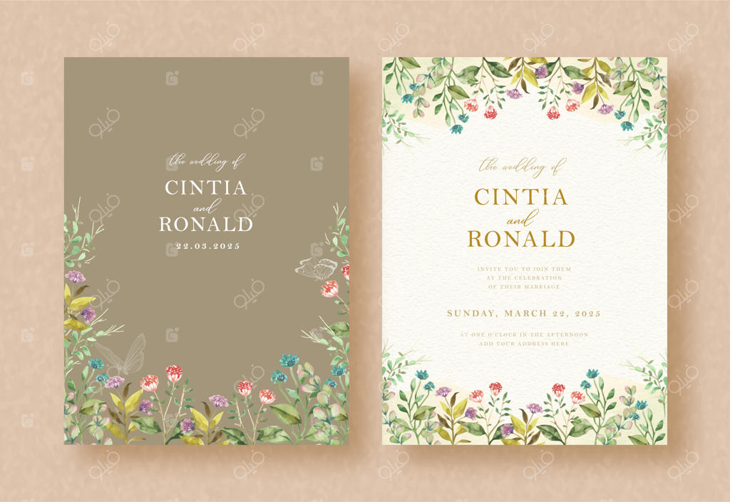 نقاشی دستی گل‌ها و پروانه‌ها در باغ برای پس‌زمینه کارت دعوت عروسی