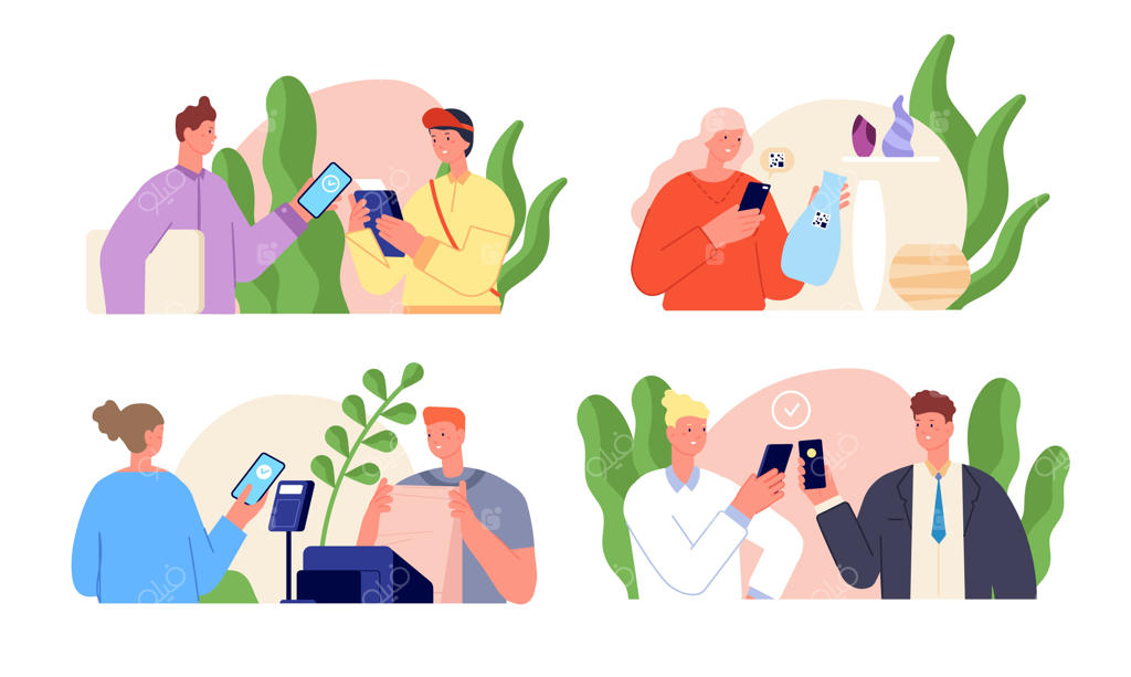 افراد و پرداخت‌های بدون پول نقد: مرد و زن مدرن با کارت نقدی، پرداخت بدون تماس و خدمات تراکنش مجموعه‌ی وکتور