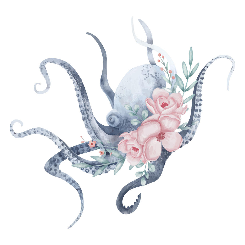 هشت‌پا با گل‌های صورتی ظریف و برگ‌های سبز - تصویر آبرنگی از حیات دریایی و زیبایی‌های گل - طراحی گیاهی دریایی برای پوسترها یا کارت‌های تبریک به سبک آبی.