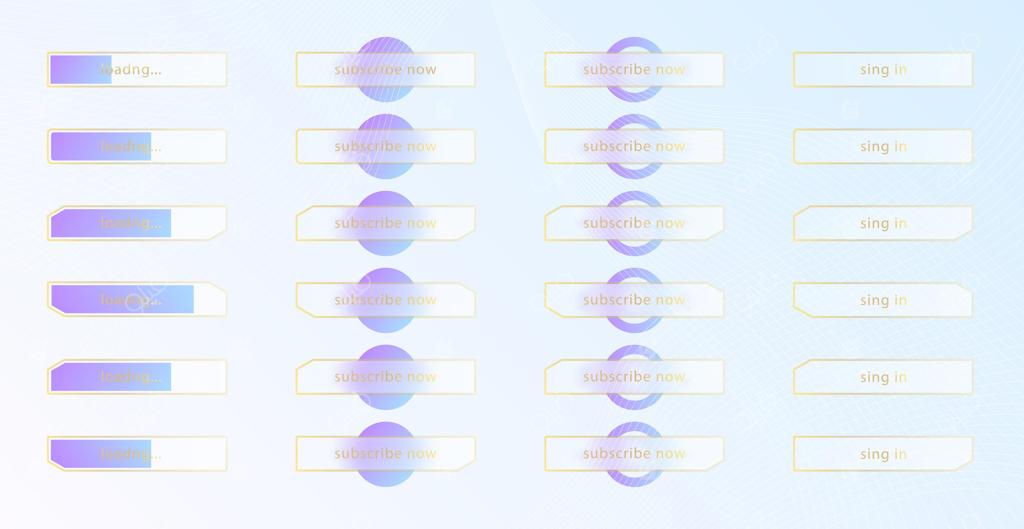 افکت گلس‌مورفیسم؛ مجموعه دکمه‌ها و نوارهای بارگذاری اکریلیک شفاف و مات. دایره‌های گرادینت آبی در پس‌زمینه سفید. اشکال پلکسی‌گلس مات و واقع‌گرایانه. تصویرسازی.