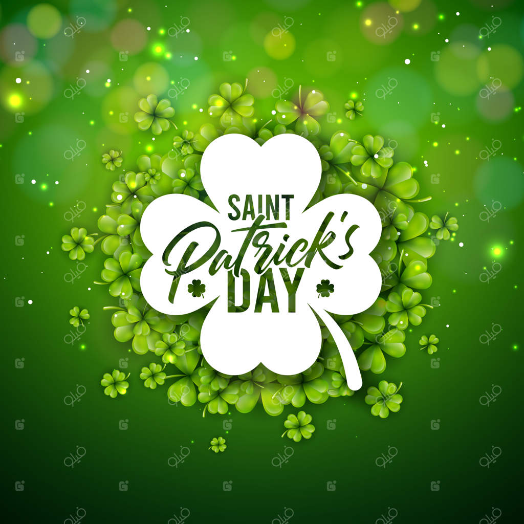 تصویرسازی روز سنت پاتریک با برگ‌های شبدر در حال پرواز و تایپوگرافی روی زمینه سبز