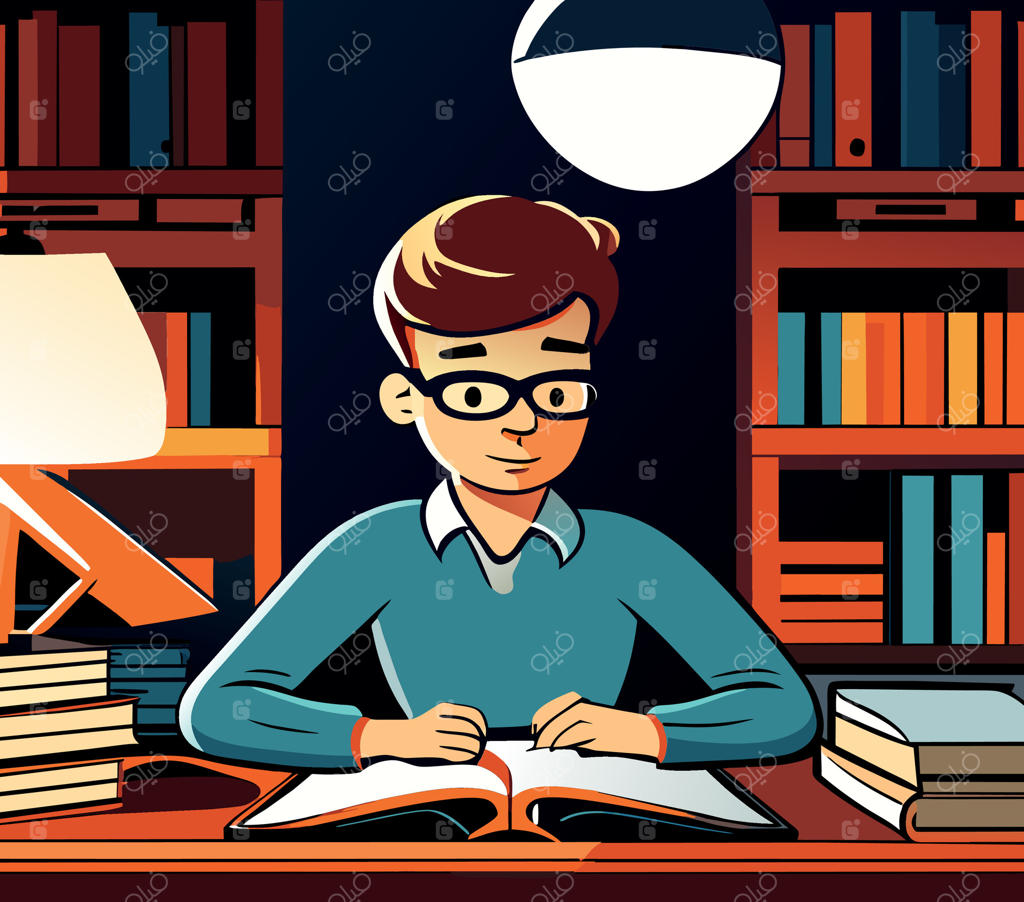 پسر بچه‌ای مشغول انجام تکالیف روی میز خود. تصویر وکتور