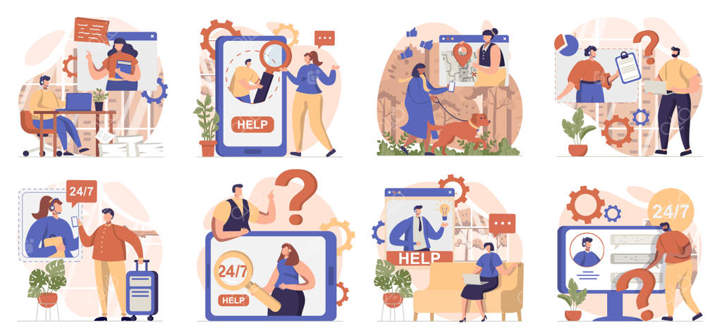 مجموعه‌ای از صحنه‌های دستیار مجازی: ارتباط مردم با پشتیبانی مشتری از طریق پیام و تماس