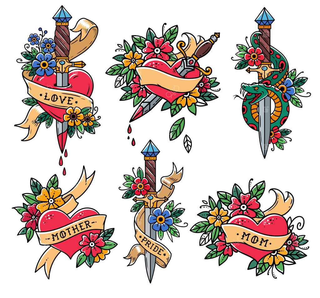 مجموعه‌ای از قلب‌ها به سبک قدیمی: قلب با روبان، گل‌ها و کلمات مادر، عشق. خنجر با مار سبز. قلبی که با خنجر سوراخ شده است.