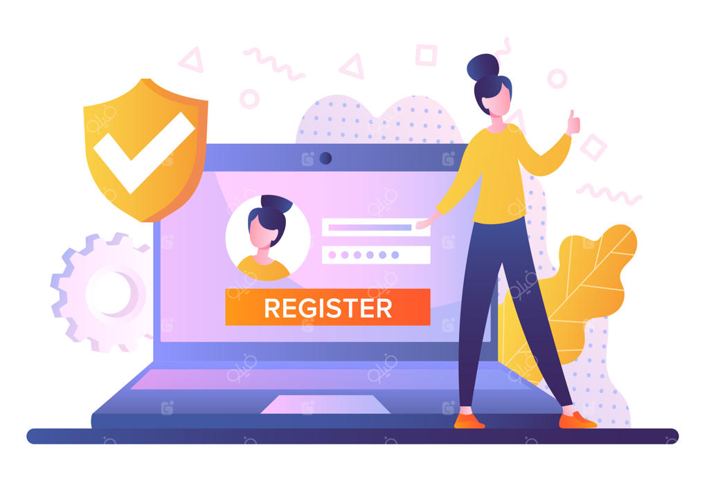 مفهوم ثبت‌نام آنلاین؛ کاراکتر زن کنار لپ‌تاپ بزرگ در حال ورود به شبکه‌های اجتماعی