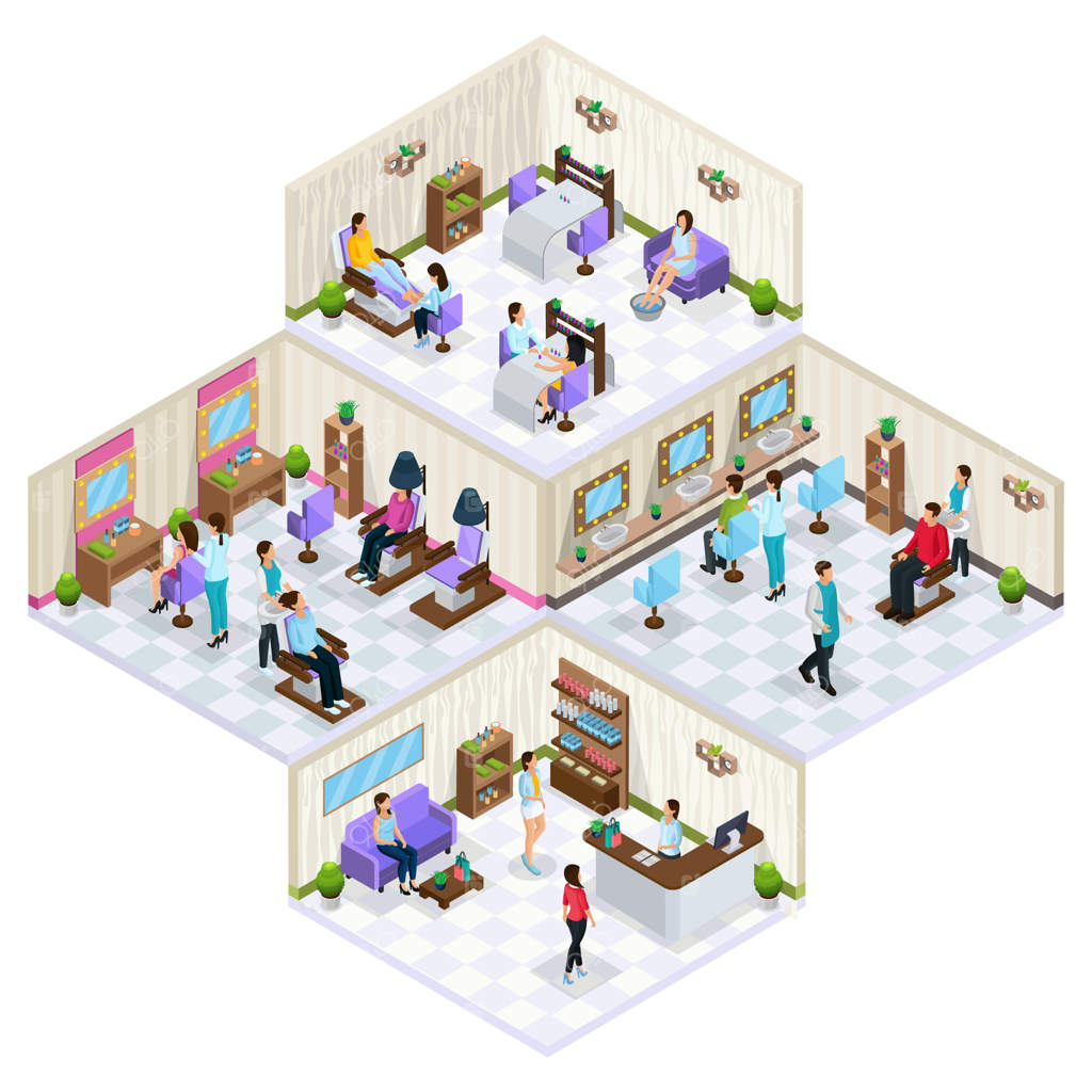مفهوم داخلی سالن زیبایی ایزومتریک همراه با مبلمان و افرادی که در حال مراقبت از پوست، مو و انجام پروسیجرهای زیبایی هستند.