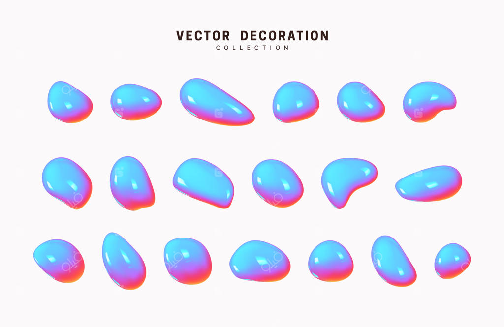 اشکال مایع سه‌بعدی با طیف رنگی هولوگرام. مجموعه‌ای از عناصر مایع مجزا با طراحی آفتاب‌پرست هولوگرافیک. پاشیدن رنگ روشن و انتزاعی. تصویرسازی وکتور.