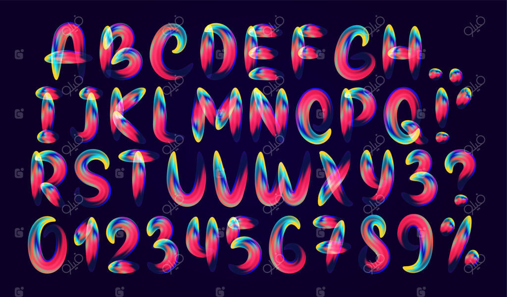 فونت حروف با گرادیان مایع در حال ذوب شدن. حروف رنگارنگ و سیال. فونت انتزاعی حروف انگلیسی نرم و ۳بعدی. طراحی اعداد و علائم به صورت جداگانه روی پس‌زمینه سیاه. تصویر برداری