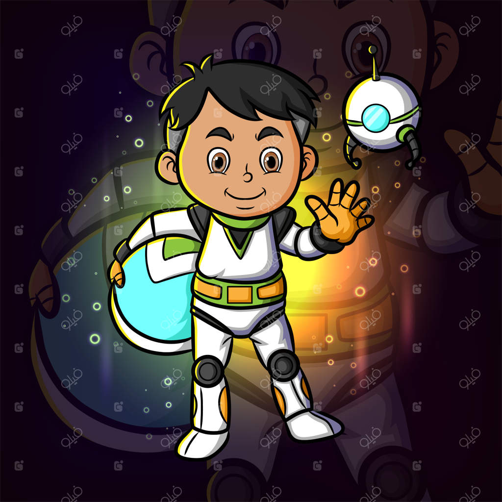 پسر سایبورگ در حال طراحی لوگوی نمادین بازی‌های جاسوسی کوچک است.