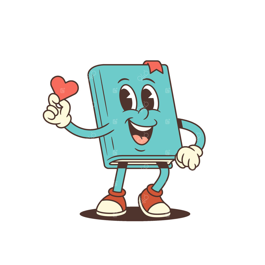 تصویر کاراکتر کارتونی کتاب آبی با کتانی‌های قرمز، در حال لبخند و نگه داشتن قلب کوچک
