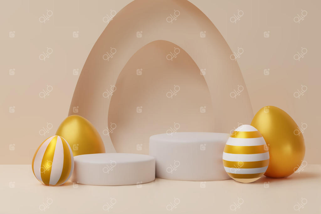 پوستر بنر تخم مرغ طلایی سه‌بعدی برای عید پاک. تصویرسازی سه‌بعدی. پوستر تبریک برای جشن، تعطیلات بهاری، شکار کودکان یا طراحی برای تبلیغات فروش. قالب مدرن.