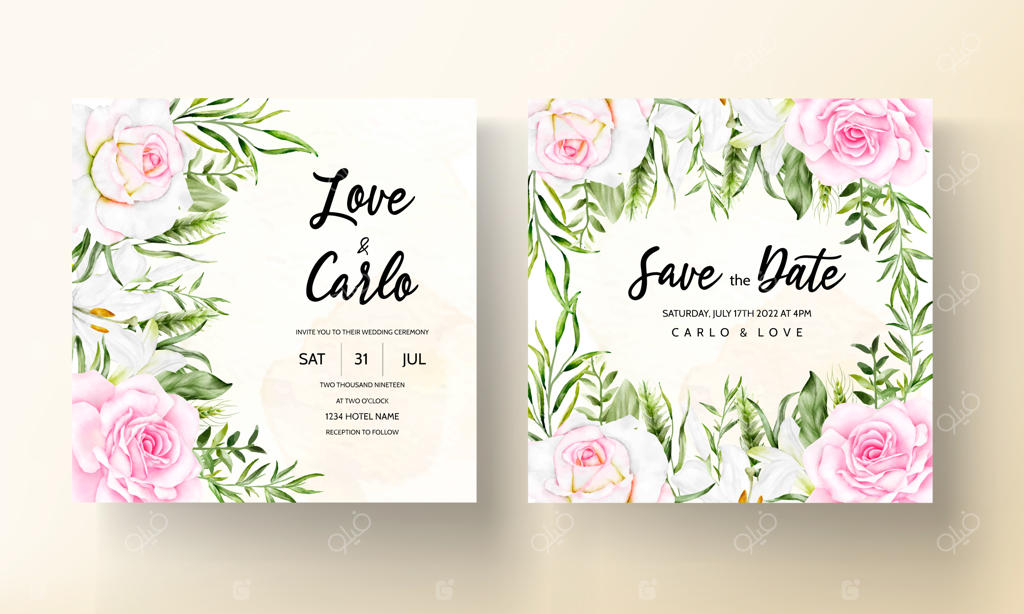 الگوی شیک دعوت‌نامه جشن عروسی با طرح آبرنگی گل‌های صورتی