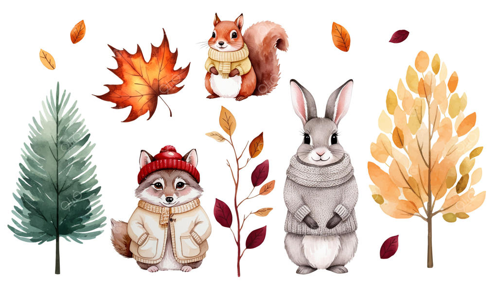 جنگل پاییزی با آبرنگ. حیوانات جنگلی با لباس‌های گرم. درختان و گیاهان پاییزی. گرگ، سنجاب، خرگوش