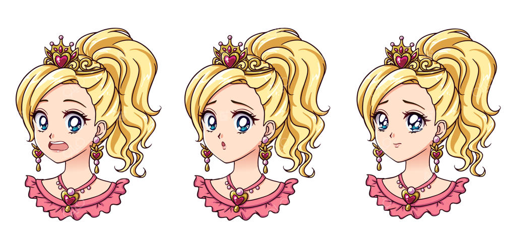 مجموعه پرنسس انیمه‌ای بامزه با حالات چهره متفاوت، موهای بلوند و چشمان آبی درشت