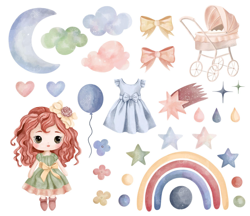 عروسک‌های آبرنگی و کالسکه‌ی کودک: مجموعه‌ای از عناصر مهدکودک از جمله ابرها، ماه، رنگین‌کمان و ستاره‌ها (برداشتی دست‌کشیده و وکتور)