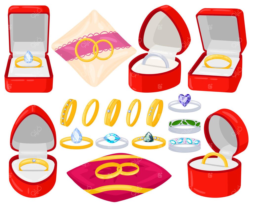 انیمیشن جواهرات نامزدی: حلقه‌های طلایی و نقره‌ای. پیشنهاد ازدواج، حلقه‌های عروس و داماد در جعبه‌های مخمل قرمز. مجموعه‌ای از زیورآلات مراسم عروسی.