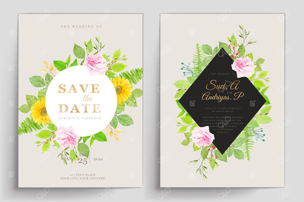 مجموعه کارت دعوت عروسی با طراحی دست گل رز زیبا