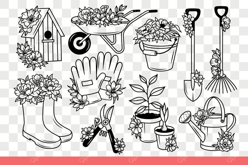 مجموعه‌ای برای باغبان: کاشت گیاهان و مراقبت از باغچه گل در حیاط. طراحی دست‌کشیده.