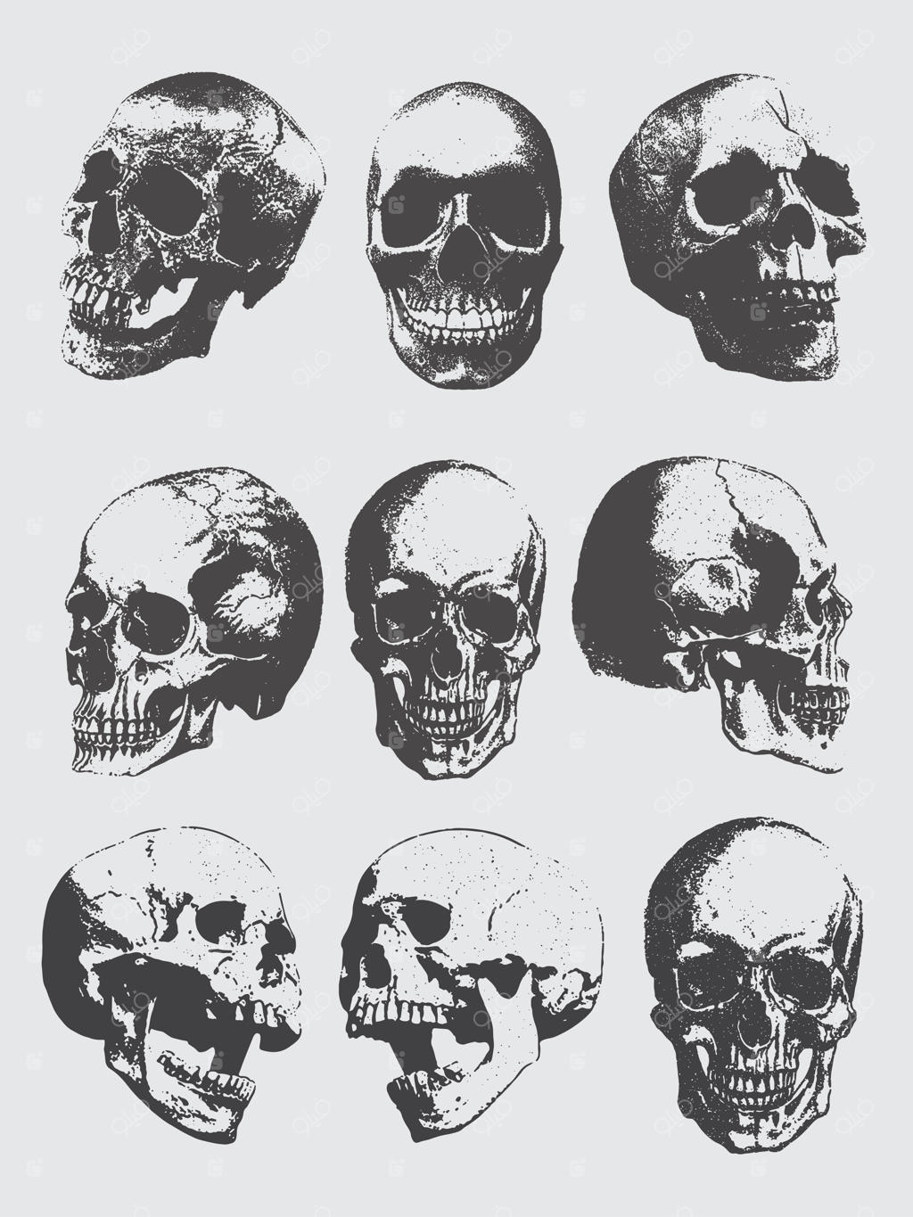 جمجمه انسان با افکت ترام نقطه‌ای برای طراحی کلاژ گرانج، پانک و Y2K به سبک پاپ آرت