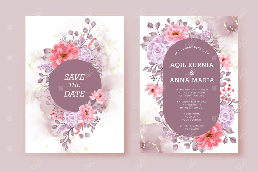 دعوتنامه عروسی با قاب گل‌های زیبا به رنگ هلو و یاسی