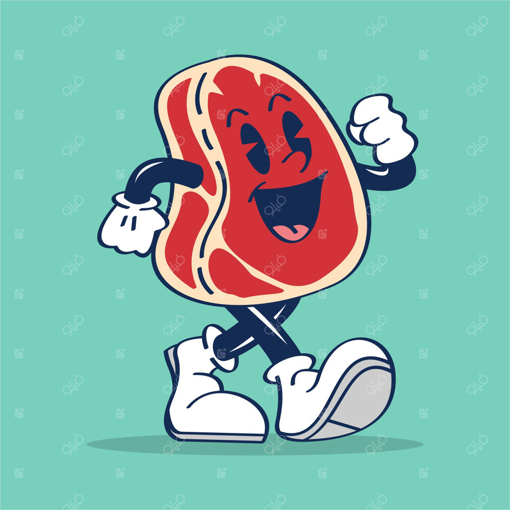 تصویر برداری دستی از شخصیت کارتونی یک استیک در حال قدم زدن