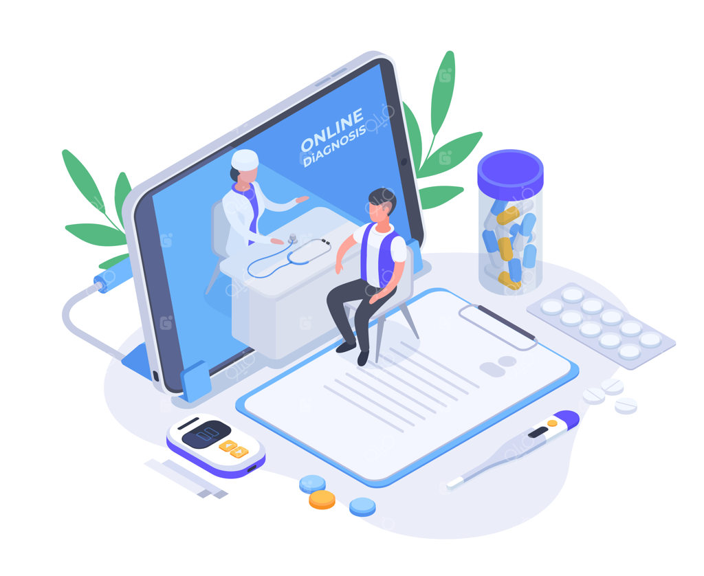 تصویرسازی مفهومی وکتور ایزومتریک اپلیکیشن موبایل تشخیص و مشاوره پزشکی آنلاین