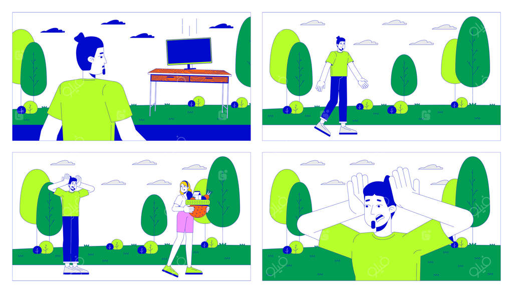 مجموعه‌ای از تصاویر کارتونی قدم زدن در پارک. مرد و زن سفیدپوست در باغ شهری با پس‌زمینه‌ای رنگارنگ. مجموعه‌ای از تصاویر روایت‌گر صحنه‌های زندگی روزمره.