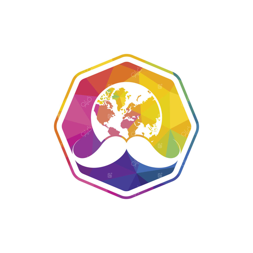 قالب طراحی لوگوی وکتور برای آرایشگران دنیا: طراحی لوگو با آیکون سبیل و جهان