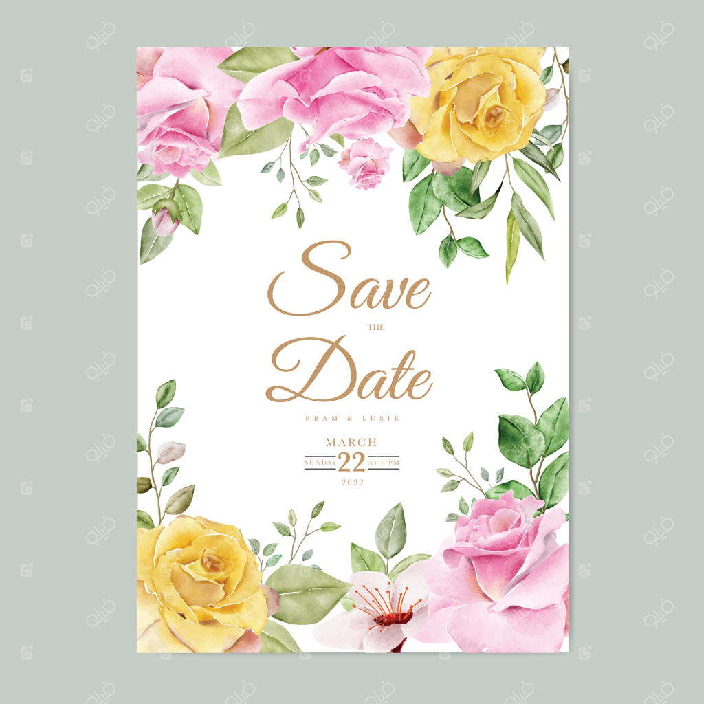 کارت دعوت عروسی با طرح برگ‌های گل به سبک آبرنگ