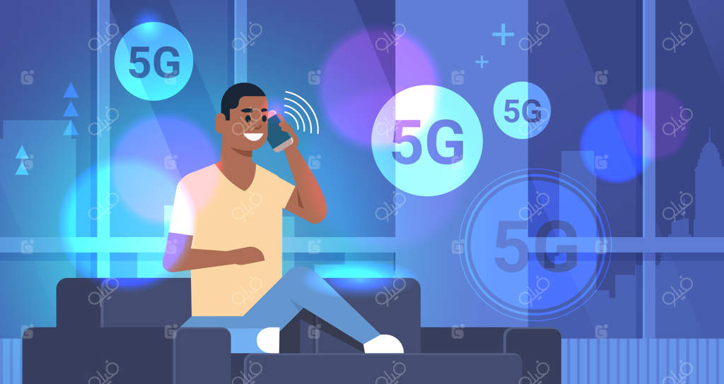 مردی در حال صحبت با گوشی: ارتباط آنلاین 5G نسل پنجم نوآورانه اینترنت