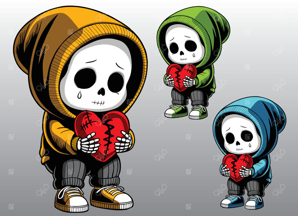 اثر هنری گرافیکی از یک اسکلت در حال سوگواری با قلبی که پس از شکست تعمیر شده است.