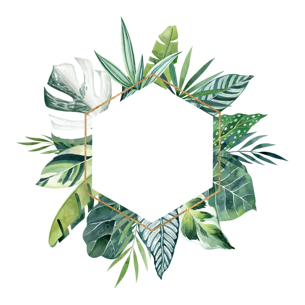 الگوی دعوتنامه عروسی با قاب شش‌ضلعی طلایی و طرح برگ‌های گرمسیری آبرنگی