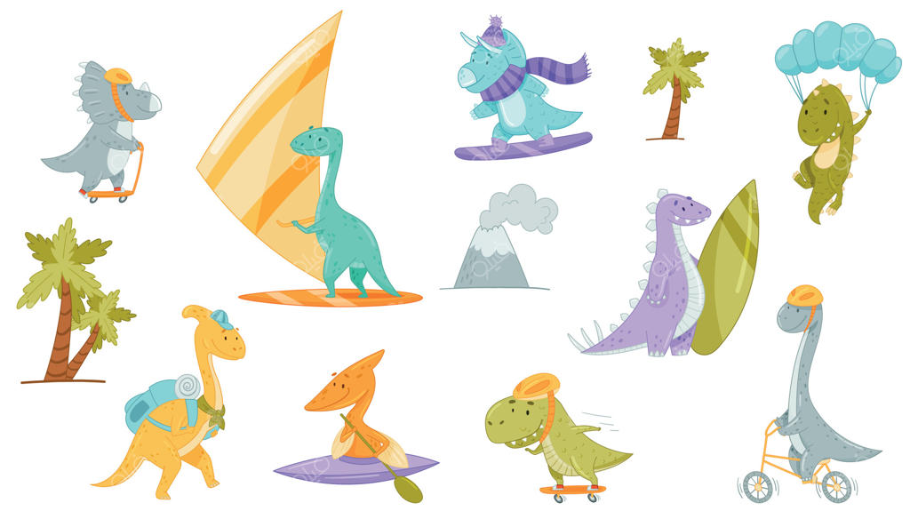 مجموعه‌ای از دایناسورهای بامزه‌ای که ورزش می‌کنند. طراحی کارتونی دایناسورهای زیبا برای مهدکودک، تی‌شرت، کتاب و پوستر.