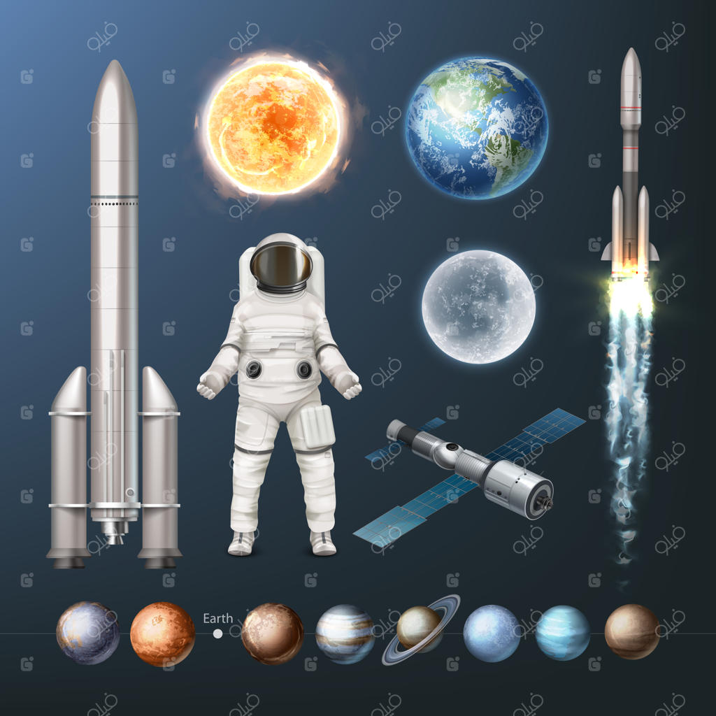 تصویری از مجموعه سیارات منظومه شمسی، لباس فضانوردی، فضاپیما، خورشید و زمین