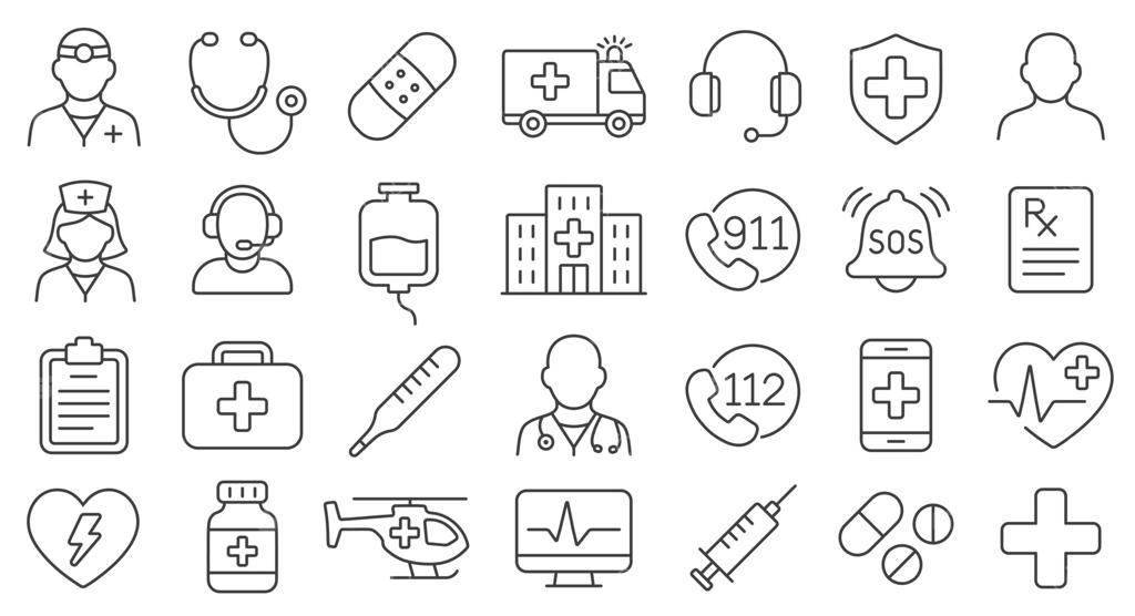 مجموعه نمادهای خطی ویرایش‌پذیر در حوزه بهداشت و درمان. مجموعه آیکون‌های خطی پزشکی. بسته لوگوی پزشک و بیمارستان. تصویرسازی. جدا شده در پس‌زمینه سفید.